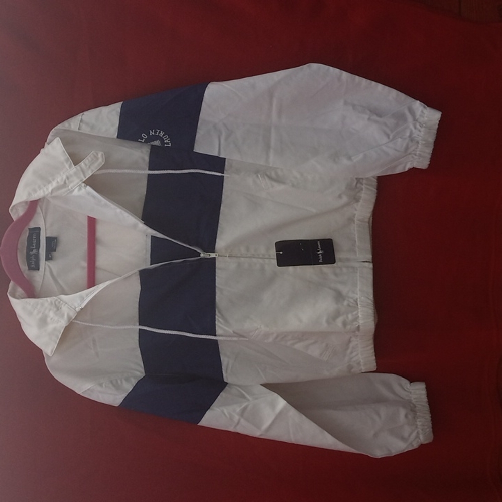 Ralph Lauren Polo Hooded Jacket, White With Blue Banner, Size M